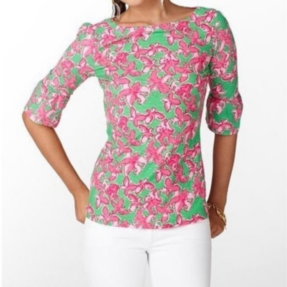 Lilly Pulitzer Boatneck Belle Top All A Flutter Pink Green Butterfly Extra Small - Picture 2 of 16